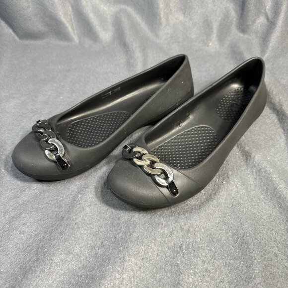 Crocs Ballet Flats Women’s W6 Gianna Chain Link Black Slip-On Comfort Shoes Prep - Picture 1 of 6